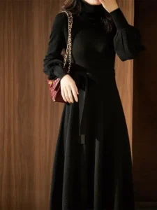 Turtleneck Women Warm Knit Sweater Dress 2022 Autumn Winter Lantern Sleeve Knitted Dress Burgundy Black Long Party Dresses - Image 2