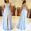 Sky Blue Lace Prom Party Dress Women Long Pleated Dress Sexy Women Clothing Vestidos Sling Sexy Dress Maid Of Honor Dress