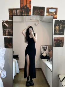 Black Sleeveless Dress Women Korean Fashion Style Side Slit Irregular Mid Calf Sexy Sheath Solid Elegant Chic Summer Y2k - Image 6