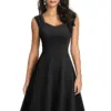 Nice-forever New Summer Solid Color Retro Sun Dresses Party Flare Swing Women Dress