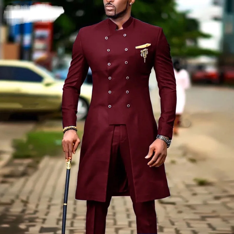 2023 Fashion African Design Slim Fit Men Suits For Wedding Groom Tuxedos Burgundy Bridegroom Suits Best Man Prom Party Blazer