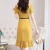 Lace Patchwork Belt High Waist Elegant Party Dresses for Women Summer Korean Fashion V Neck Short Sleeve Slim Midi Dress Vestido - Image 2