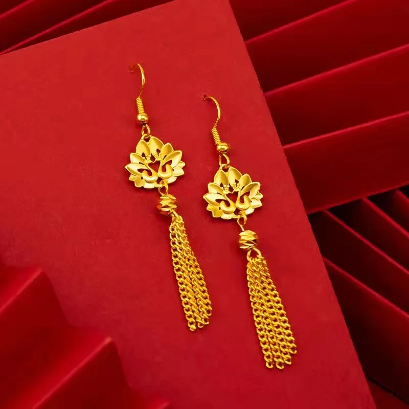 High quality gold 999 womens 24K earrings wedding peacock tassel AU750 earrings luxury quality jewelry
