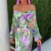 Elegant Print Dress Women Sexy Off Shoulder Backless Tie-dye Suspender Female Dresses 2 Piece Slash Neck Vacation Lady Robes