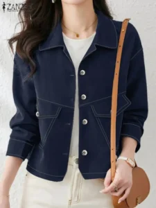 ZANZEA Korean Fashion Solid Jackets Woman Long Sleeve Lapel Neck Outwear Female Elegant OL Work Coats Vintage OL Jacket Oversize - Image 2