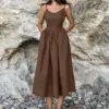 Bclout Fashion Brown Linen Long Dress Women 2024 Elegant Lace-Up Pockets A-Line Dresses Summer Sexy Backless Party Pleated Dress