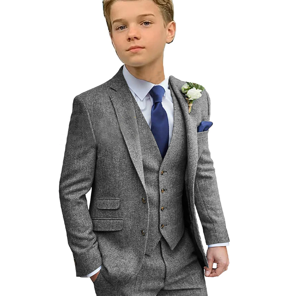 Boy's 3 Piece Suit Boy Dress Suits for Wedding Single Breasted Elegant Tuxedos Herringbone Tweed Ring Bearer Children Clothes