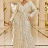 Plus Size Women's V-Neck Sequined Evening Gown, Plus Size, Long Sleeve, Elegant, Silver Luxurious Big Size Prom women Dress 4xl