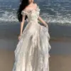 French Vintage Bohemian Beige Print Ruffles Slip Long Dresses Summer Elegant Lady Off Shoulder Party Evening Dress Vestidos Robe