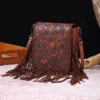 Retro cotton and linen printed Bohemian style leather carving single shoulder crossbody tassel women's bag print Ethnic style - Image 5