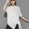 [EAM] Women White Irregular Knot Big Size Casual T-shirt New Round Neck Half Sleeve Fashion Tide Spring Summer 2024