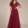 Elegant Evening Dress Romantic Shimmery Deep V-Neck Ruffle Sleeves Ever Pretty of 2024 Burgundy Gauze Sequin Maxi Long Gowns