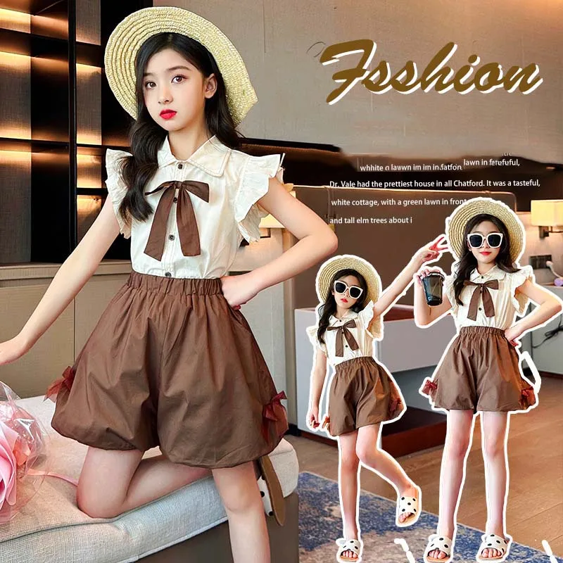 Korean Summer Children Girl Sweet Suit School Girl Flying Sleeved Shirt Top Knickerbockers Shorts Sets Girls From 4-12 Years Old