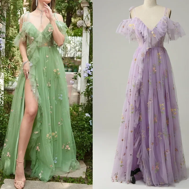 Floral Embroidered Elegant Straps Wedding Party Dress A Line High Split V Neck Ruffled Prom Dress Sexy Long Gown Evening Dresses