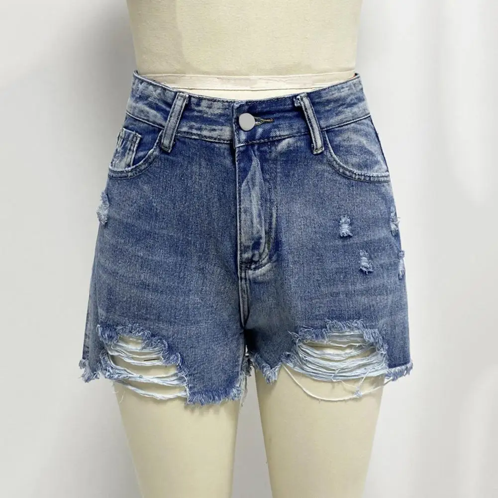 Ripped Edge Jeans Denim Pants Stylish Women's Denim Shorts with Ripped Holes High Waist Slim Fit Trendy Button Zipper for Hot