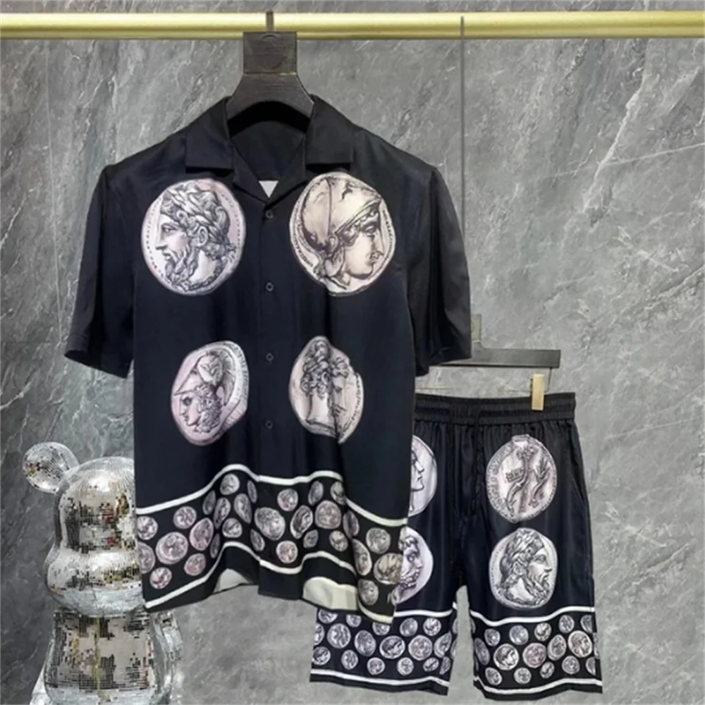 Floral Colorblock Portrait Print Short-sleeved Shirt Set Short Top For Men Casual Set High Quality Lapel Streetwear Shirt Suit - Image 4