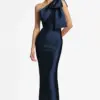 Elegant Long Dark Navy Prom Dresses With Bow Mermaid Satin Zipper Back Pleated Floor Length Evening Dresses for Women