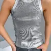 OOTN Fashion Women Tops Knitted O Neck Sleeveless Top Silver 2024 Summer Casual Streetwear Solid Party Woman Bodycon Tank Top