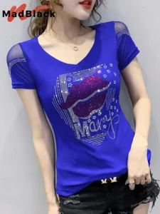 MadBlack Summer Korean Clothes T-Shirt Fashion Diamonds Lip Women Tops Cotton Short Sleeve Lace Sexy Back Shirt Tees New T03804 - Image 2