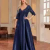 XUIBOL Elegant Short Sleeve Sequins Evening Dress Women 2024 Satin Prom Party Blue Vneck Dress Floor Length Formal Cocktail Gown