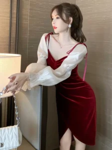 2023 Spring Elegant Sweet Girly Women Midi Dress Red Velvet Bow Bubble Sleeve Split Lady Clothes Party Office Femme Robe Vestido - Image 5