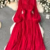 Spring Women Red/Light Purple/Black/White Draped Evening Party Long Dress Elegant Stand Collar Puff Sleeve Maxi Vestido 2024 New