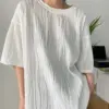 [EAM] Women White Black Pleated Big Size Casual T-shirt New Round Neck Half Sleeve Fashion Tide Spring Summer 2024