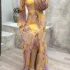 2023 V-Neck Sexy Split Maxi Dress, Spring Autumn Loungewear Fashion Party Dress, Long Sleeve Folds Printing Ladies Holiday Dress