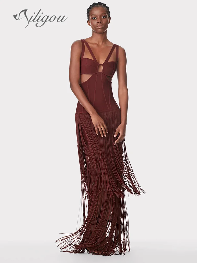 Ailigou 2023 New Summer Women'S Sleeveless V-Neck Tight Long Bandage Dress High Quality Elegant Sexy Cut-Out Club Evening Dress