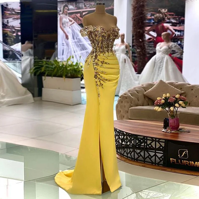 Yellow Mermaid Evening Dresses Long Prom Dress Sexy Side Split Beading Formal Short Sleeves Vestidos De Gala 2024 Customized