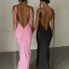 Pink Backless Sexy Maxi Dresses Elegant for Women 2024 Spaghetti Strap Ruched Bodycon Dress Wedding Evening Party Dress Black