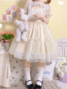 KIMOKOKM Spring Summer Girly Lolita Style Japanese Organza Dress Vintage Peter Pan Collar Kawaii Puff Sleeve Lace Princess Dress - Image 5