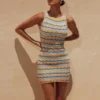 Striped Knitted Mini Dress Hollow Out Crochet Beach Dress O-Neck Sleeveless Short Summer Dress 2024 Vacation Sundress - Image 2