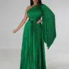 CM.YAYA Vintage Women One Shoulder Clock Sleeve Sashes High Waist Big Swing Pleated Maxi Long Sexy Party Evening Silk Dress 2023