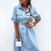 High Street Office Denim Dresses Chic Summer Short Sleeve Women Elastic Waist Long Dress Elegant 2024 Lapel Button Jeans Dress - Image 4