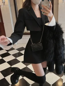 Winter Black Two Piece Dress Set Women Blazer Coat Strap Dress Set Female Casual Korean Fashion Slim Elegant Dress Suit 2022 New - Image 2