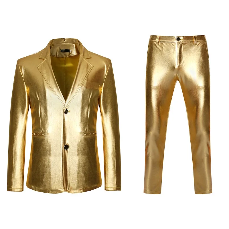 Men's Shiny Gold 2 Pieces Suits (Blazer Pants) Terno Masculino Fashion Party DJ Club Dress Tuxedo Suit Men Stage Singer Clothes
