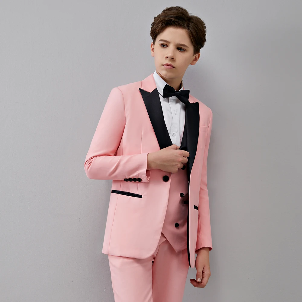 Children Kid Boy's Pink 3 Pieces Black Pointed Collar Suits Tuxedos Wedding/Prom (Jacket Pants Vest) Master Of Ceremonies Dress