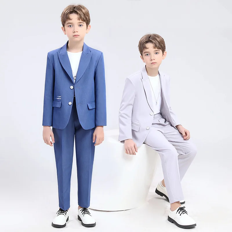 Children Summer Handsome Photograph Suit Boys Jacket Pants Necklace 3PCS Ceremony Tuxedo Dress Kids Birthday Performance Costume