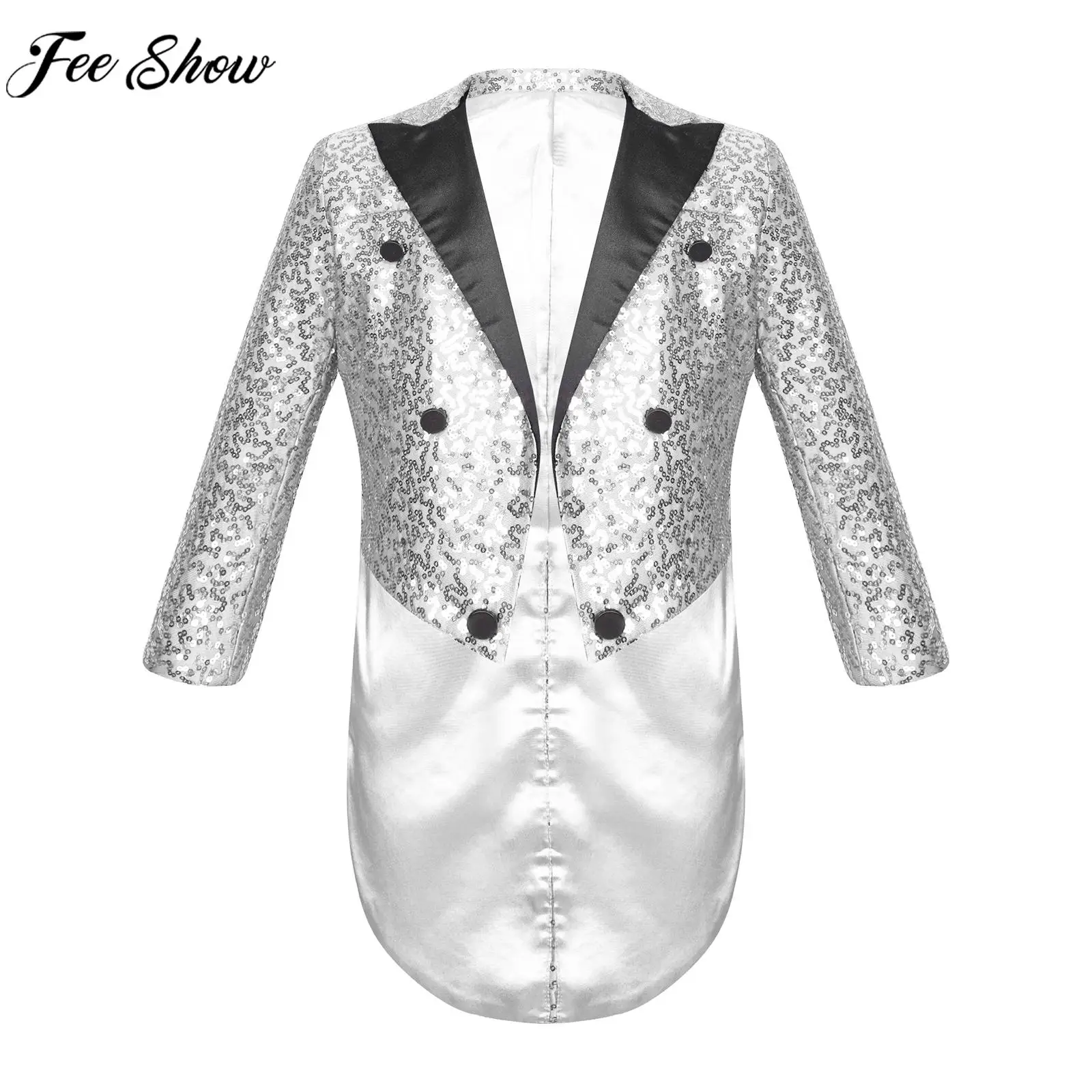 Kids Boys Long Sleeve Sequin Blazer Tuxedo Coat Gentleman Suit Prince Cosplay Magic Circus Shows Dancing Performance Costume