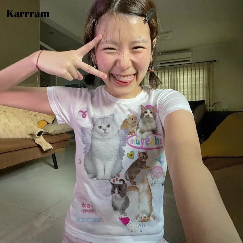 Karrram Y2k Aesthetics Crop Top Kawaii Cat Print T-shirt 2000s Cute Kitty Short Sleeve Tee Shirt Harajuku Fairycore Tshirt Sweet