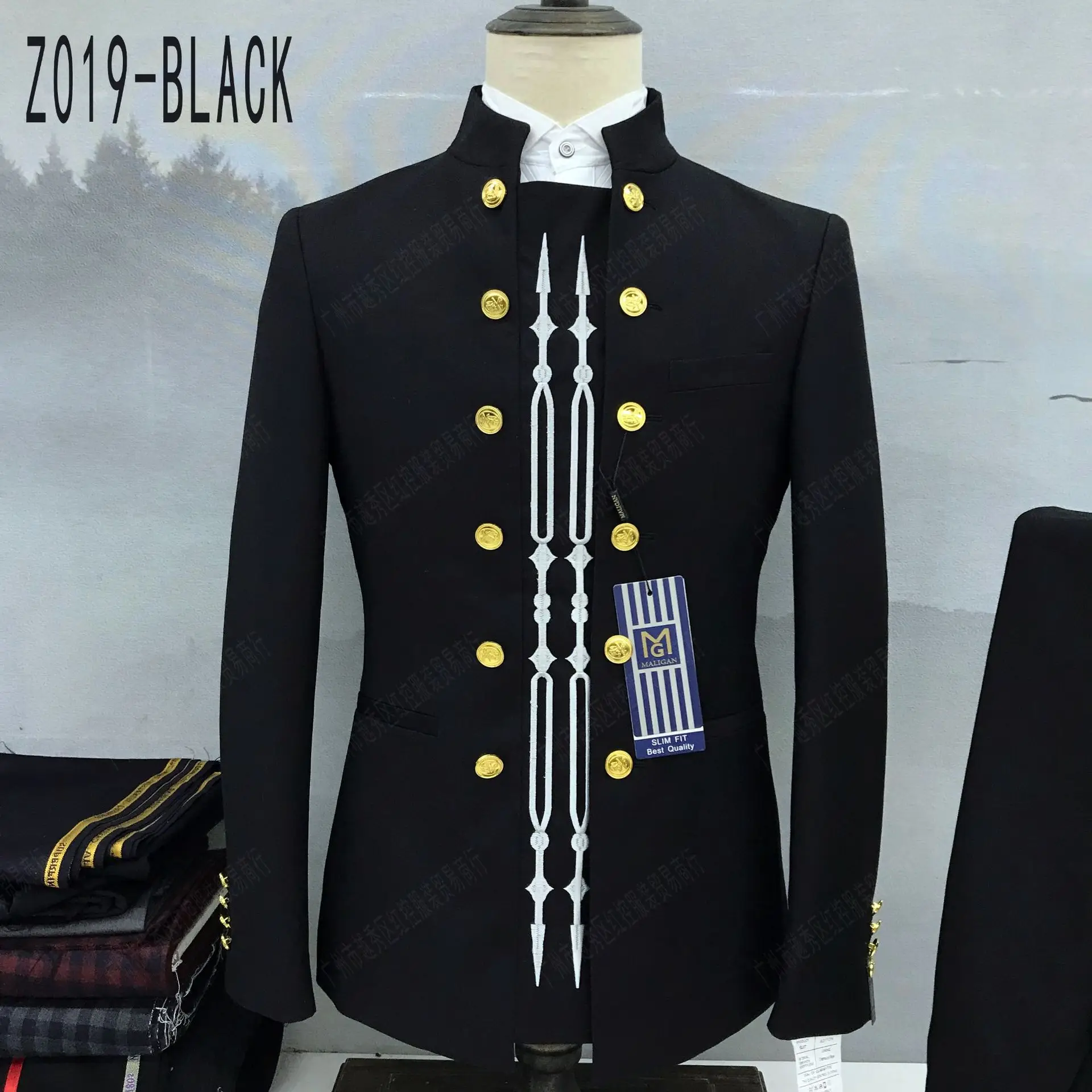 Fashion Mens Suit 2 Pieces Slim Fit Chinese Tunic Suit Wedding Blazer Pants Set Stand Collar Suits for Men Luxury Men Tuxedos