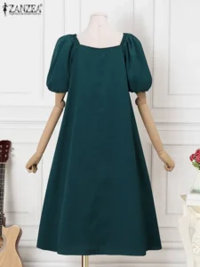 Elegant Short Puff Sleeve A-line Party Vestidos ZANZEA Women Square Neck Midi Dress Korean Fashion Leisure Solid Smock Dresses - Image 5