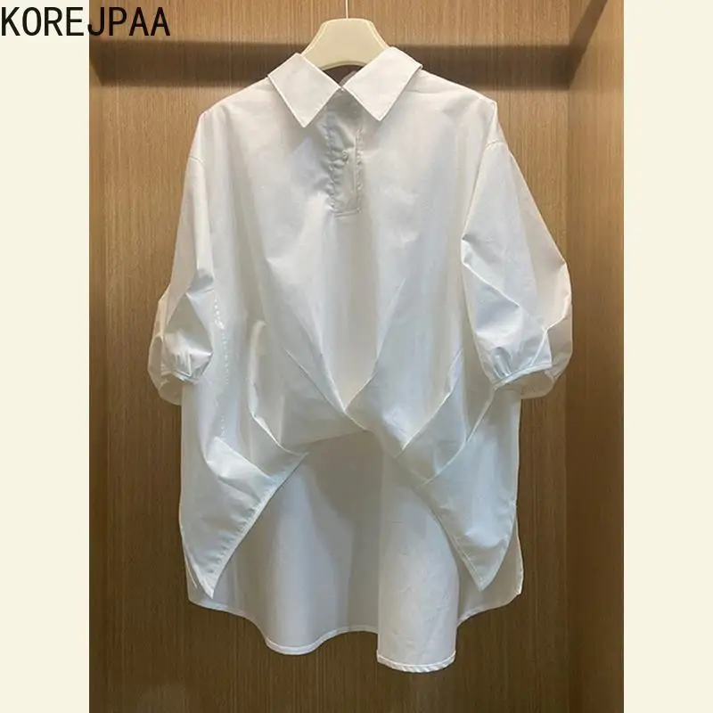 Korejpaa 2024 Summer Shirts Elegant Korean Fashion Turn-down Collar Short Sleeve White Shirt Women Casual Japan Style Clothes