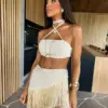 2024 Summer Two Piece Skirt Sets Sexy Sleeveless Short Bandeau Top Elegant Tassel Skirt Chic Beach Outing Women Bandage Suits