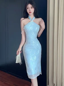 Summer Blue Jacquard Chic Neck-mounted Sexy Dress Women Elegant Luxury Beading Sling Dress 2024 Korean Vintage Festival Vestidos - Image 3