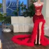 Red Sweetheart Long Prom Dress For Black Girls 2024 Black Girls Sequined Birthday Party Dresses Feather Formal Gown Slit Evening