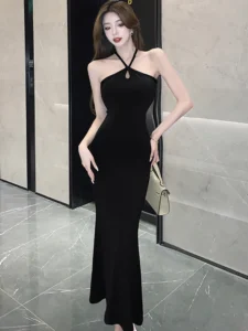 Summer Black Elegant Neck-mounted Sling Long Dress Women Fashion Bodycon Ruffled Mermaid Dress 2024 Korean Vintage Party Dresses - Image 4