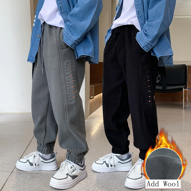 Winter Children Boys Sweatpants Cotton Teenage Loose Cargo Pant Thicken Add Wool Warm Jogger Trosuers Pure Color Kids Clothing