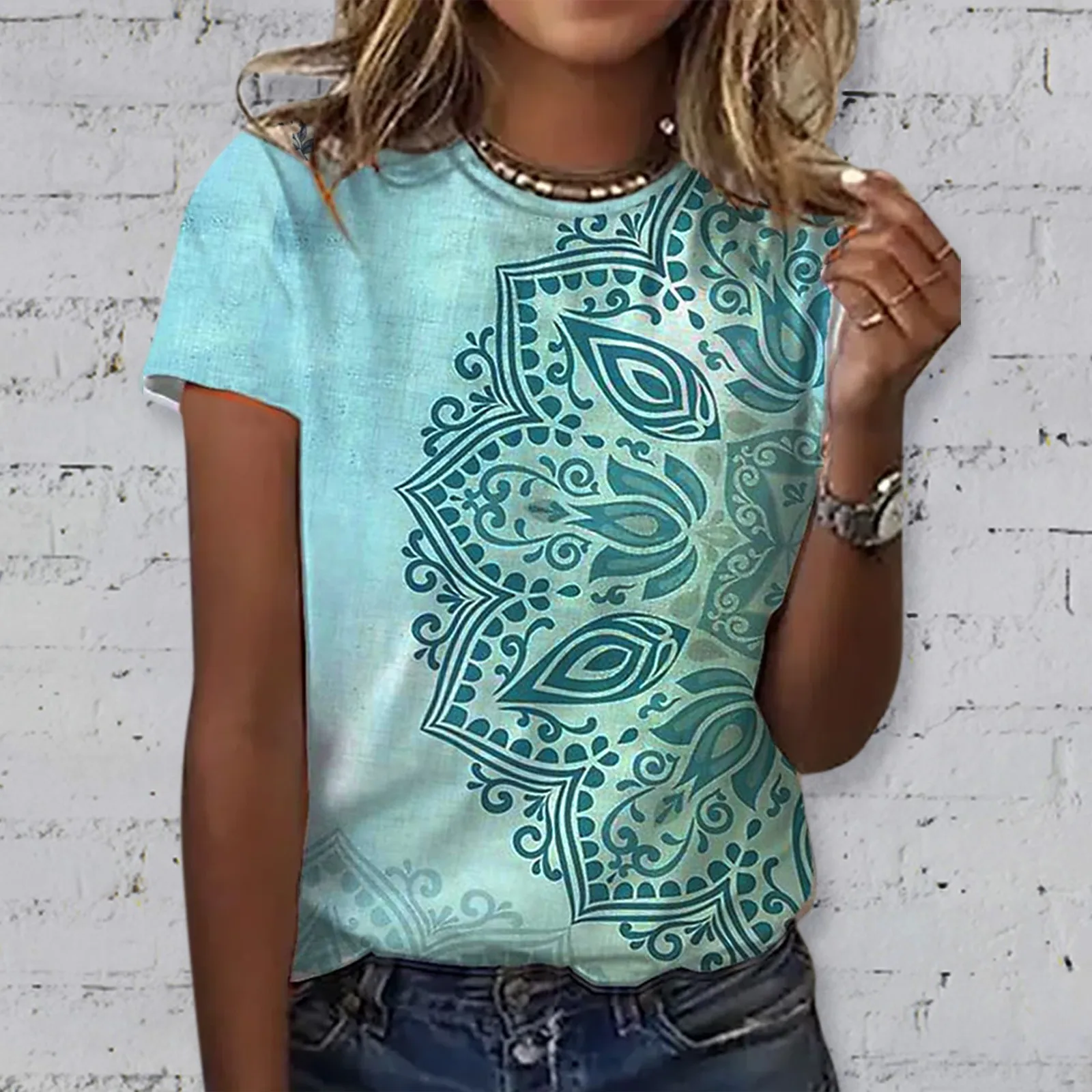 2022 Women's T-shirt Mandala Short Sleeve Print Ethnic T-shirt Abstract Print Top Summer Round Neck Casual Plus Size Women's Top